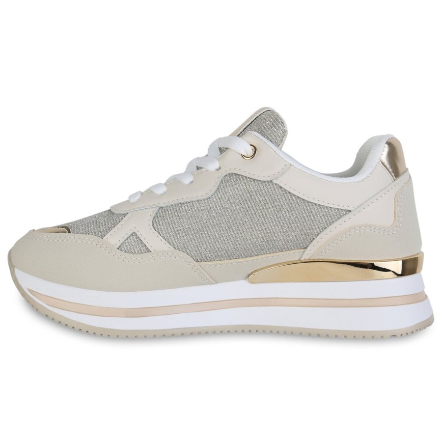 Damenschuhe Stiefelparadies | Damen Plateau Sneaker In Beige Gold Metallic