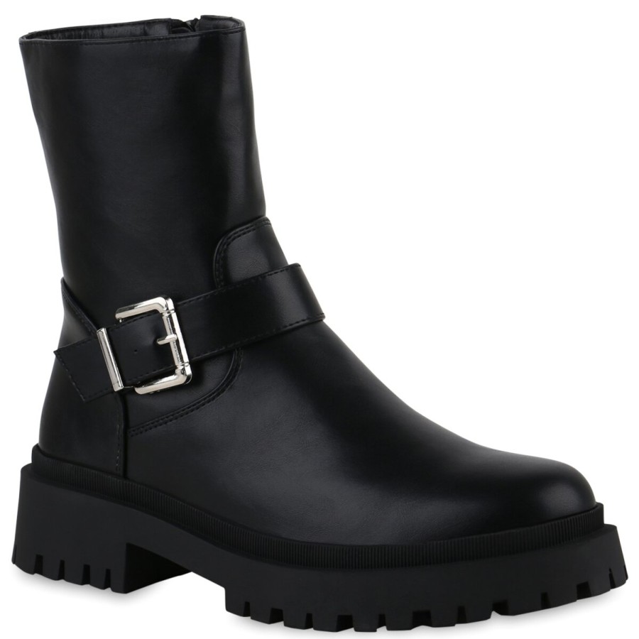 Damenschuhe Stiefelparadies | Damen Biker Boots In Schwarz