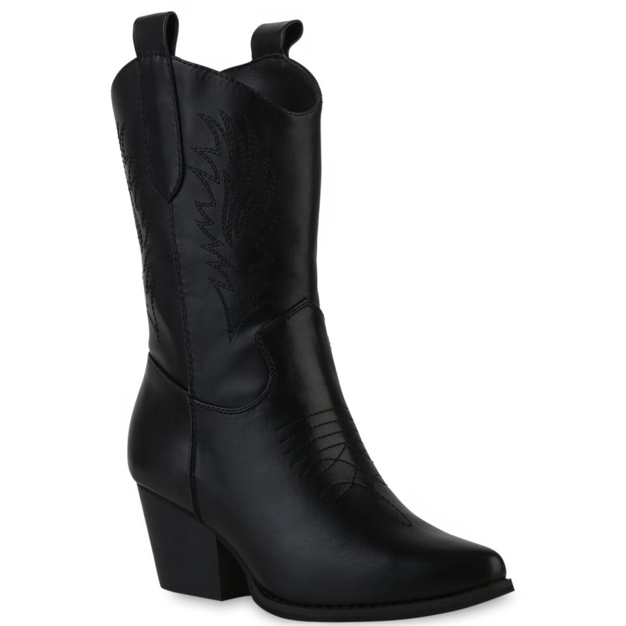 Damenschuhe Stiefelparadies | Damen Cowboy Boots In Schwarz