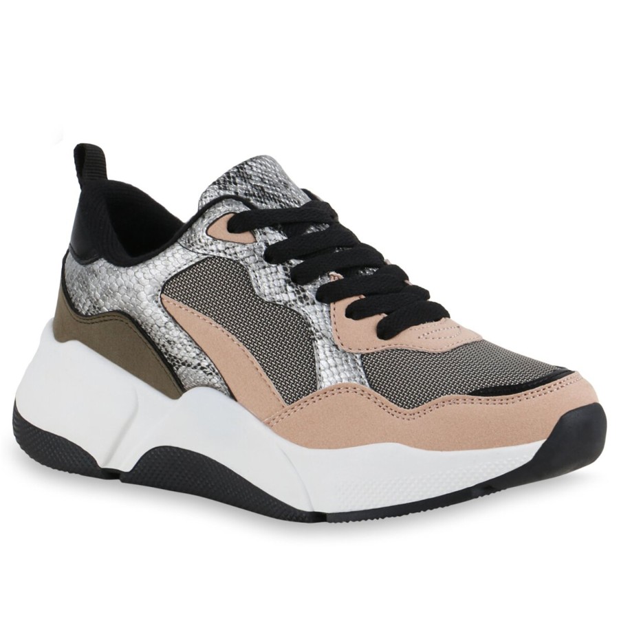 Damenschuhe Stiefelparadies | Damen Plateau Sneaker In Tan Olivgrun Silber Snake Metallic