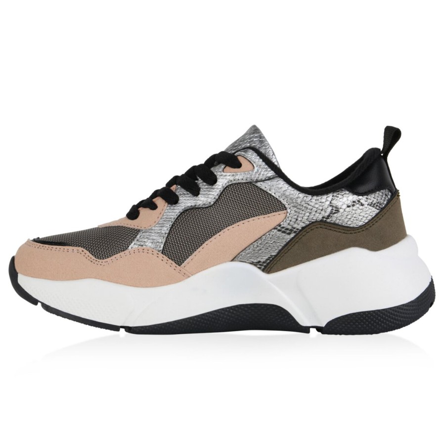 Damenschuhe Stiefelparadies | Damen Plateau Sneaker In Tan Olivgrun Silber Snake Metallic