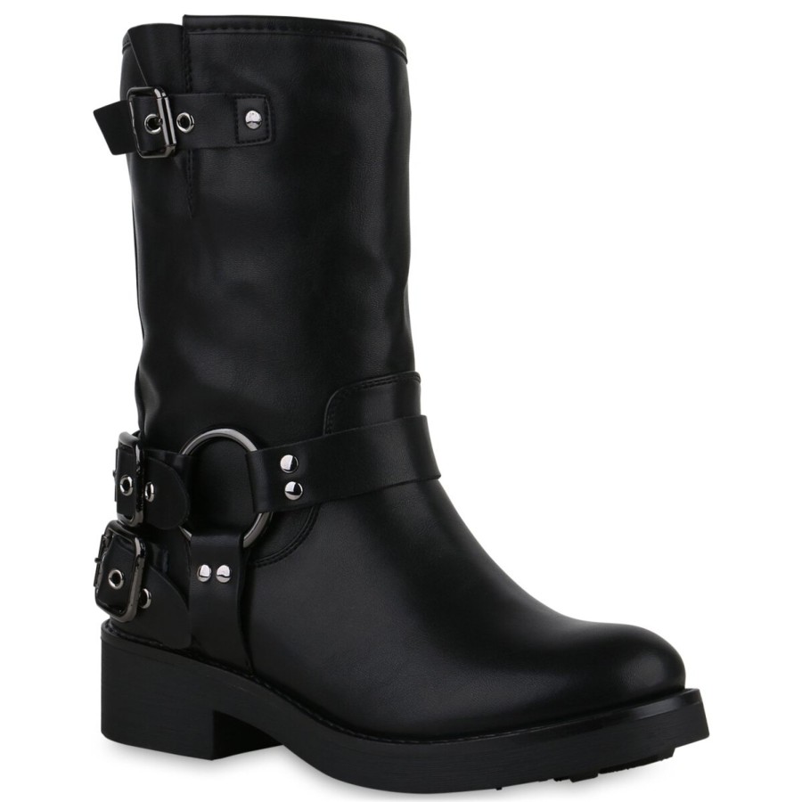 Damenschuhe Stiefelparadies | Damen Bikerstiefel In Schwarz