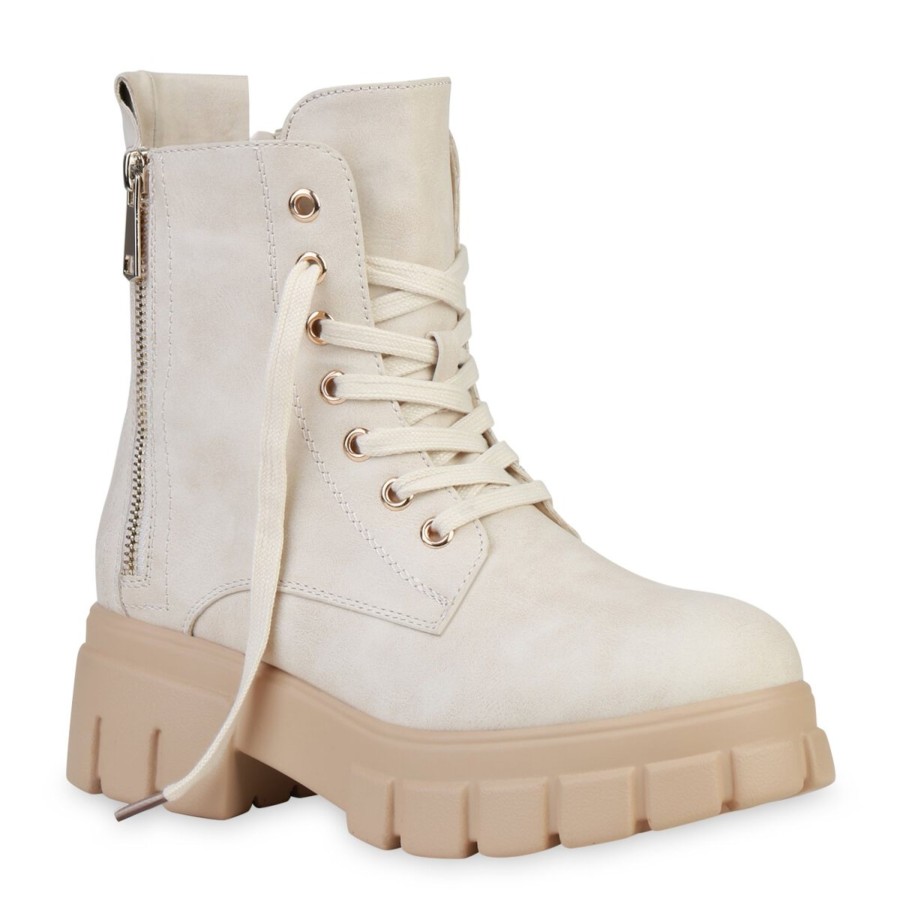 Damenschuhe Stiefelparadies | Damen Plateau Boots In Creme