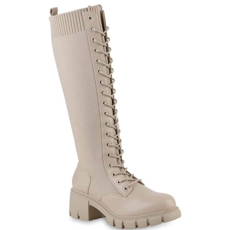 Damenschuhe Stiefelparadies | Damen Schnurstiefel In Beige