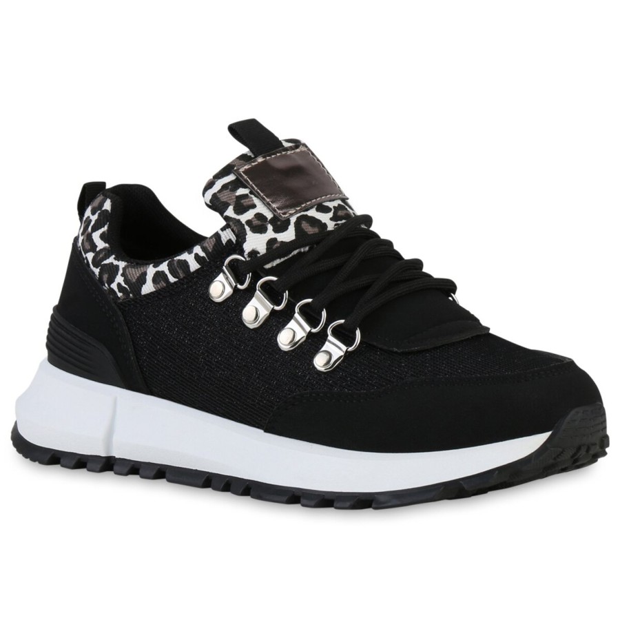 Damenschuhe Stiefelparadies | Damen Plateau Sneaker In Schwarz Leo Metallic