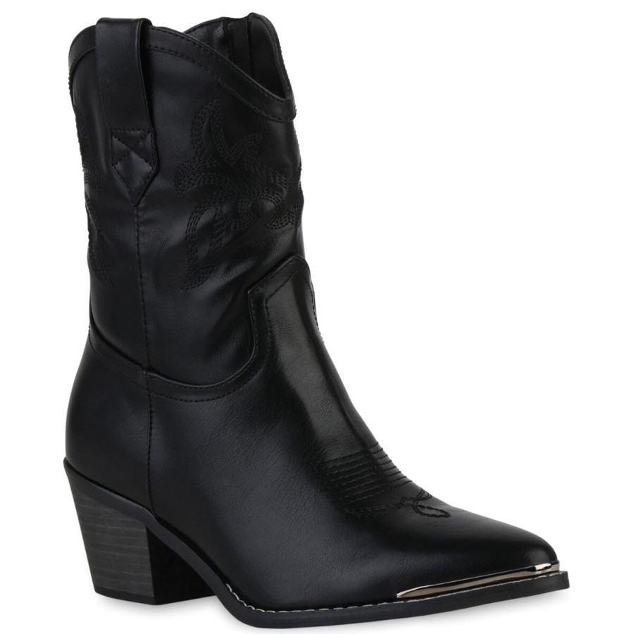 Damenschuhe Stiefelparadies | Damen Cowboy Boots In Schwarz