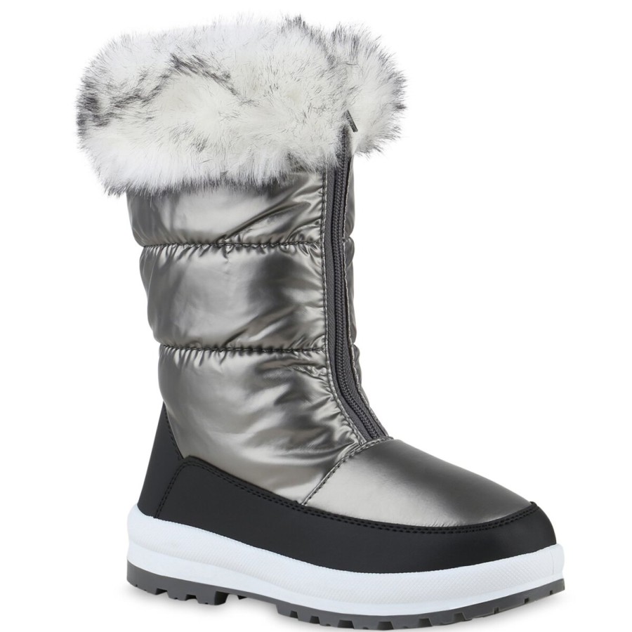 Damenschuhe Stiefelparadies | Damen Winterstiefel In Schwarz Grau Metallic