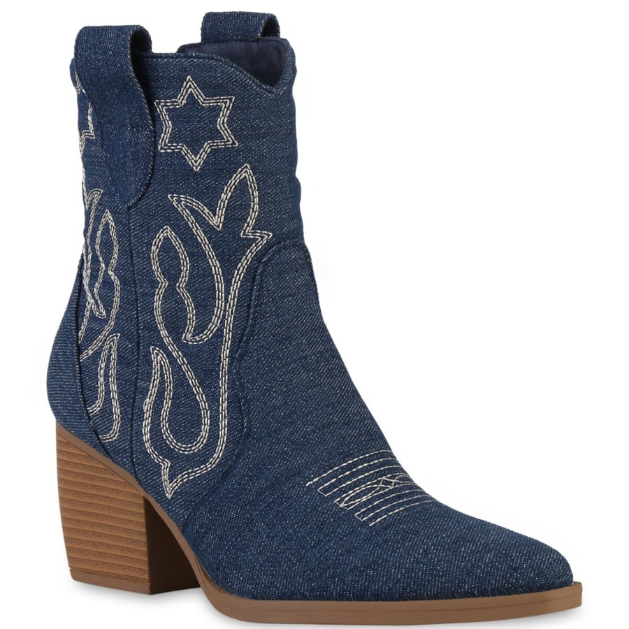 Damenschuhe Stiefelparadies | Damen Cowboy Boots In Dunkelblau Denim