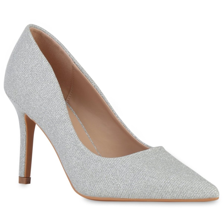 Damenschuhe Stiefelparadies | Damen Spitze Pumps In Silber