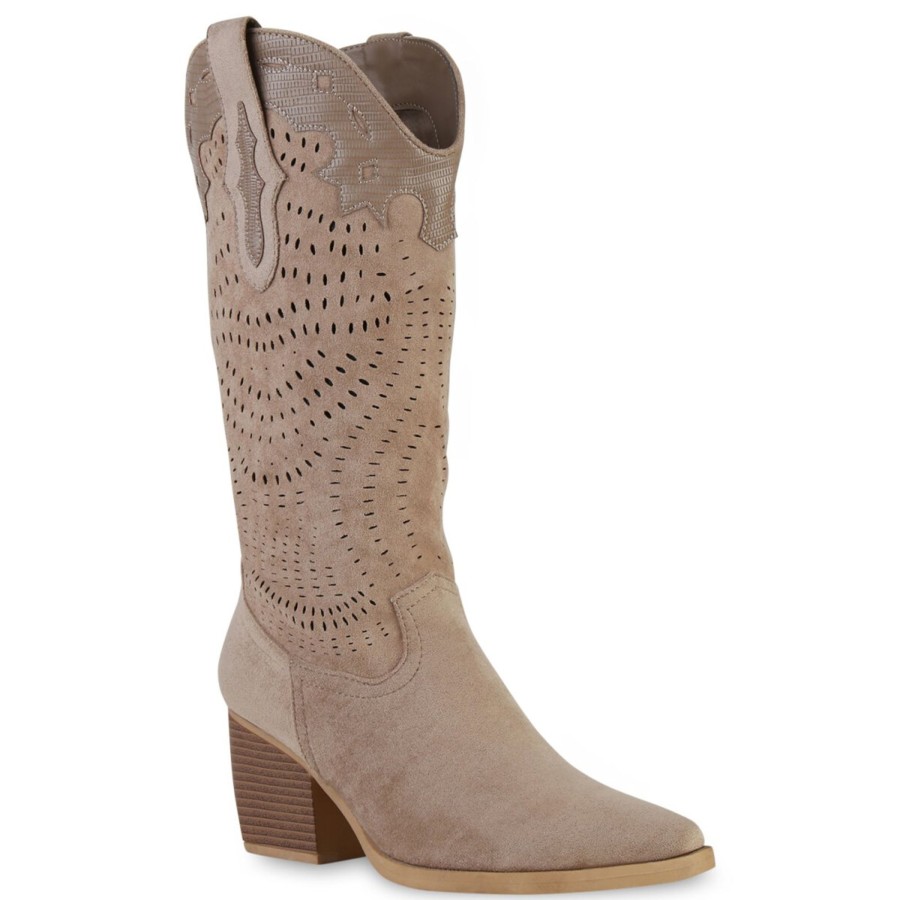 Damenschuhe Stiefelparadies | Damen Cowboystiefel In Khaki Velours