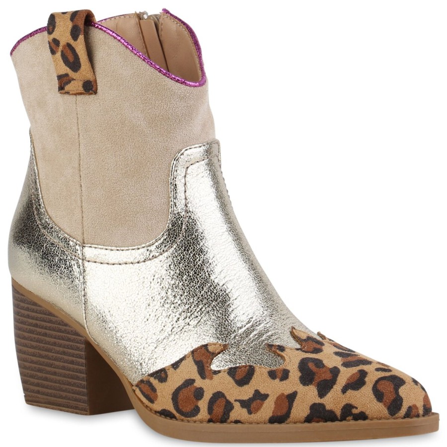 Damenschuhe Stiefelparadies | Damen Cowboy Boots In Gold Beige Leopard