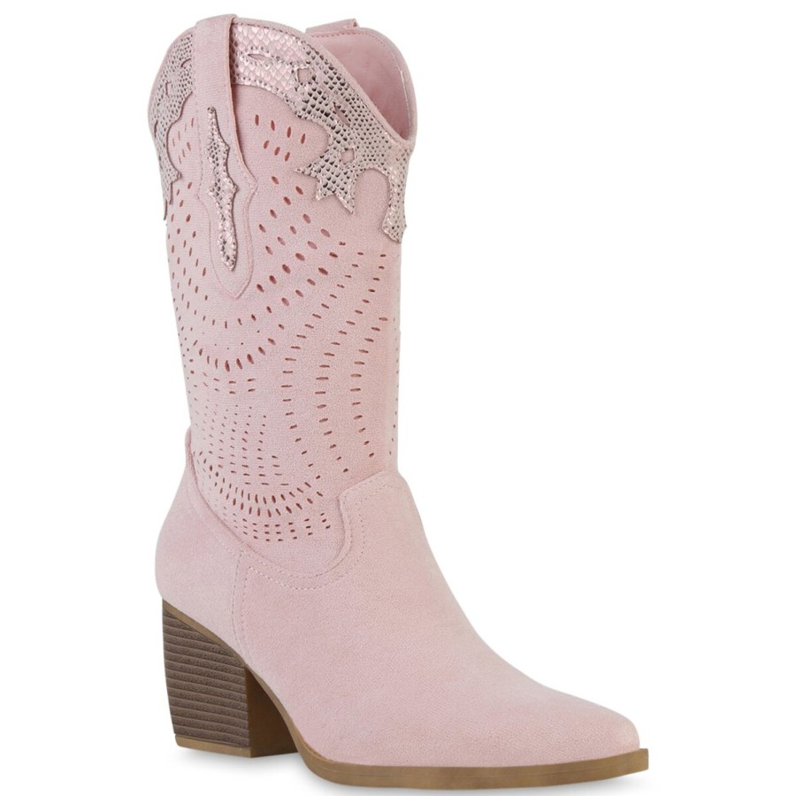 Damenschuhe Stiefelparadies | Damen Cowboy Boots In Rosa Velours Snake