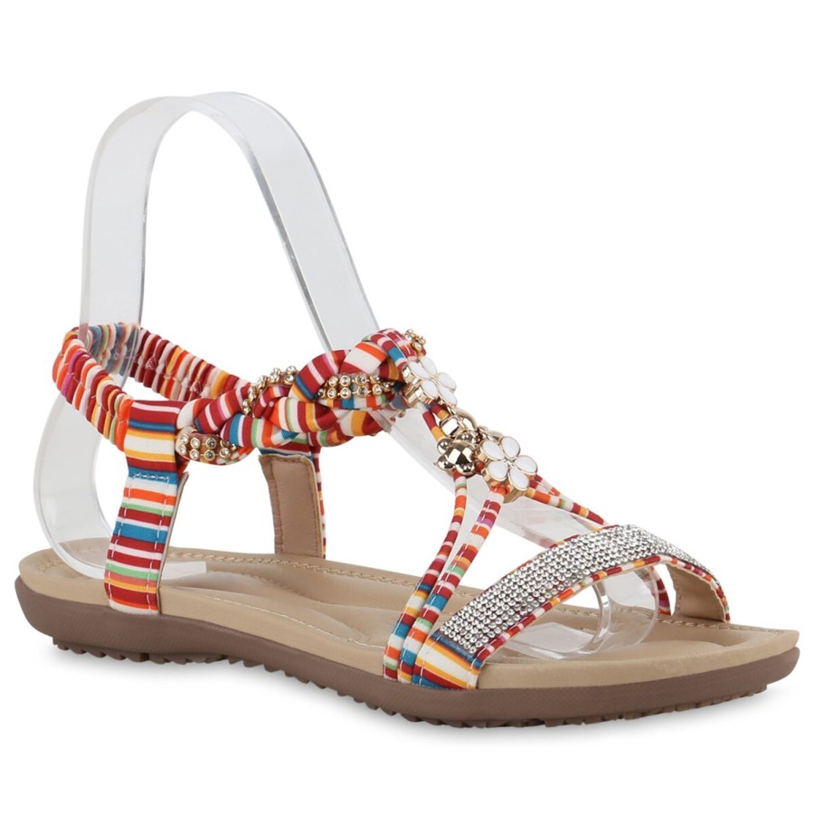 Damenschuhe Stiefelparadies | Damen Riemchensandalen In Weiss Rot Orange Mehrfarbig