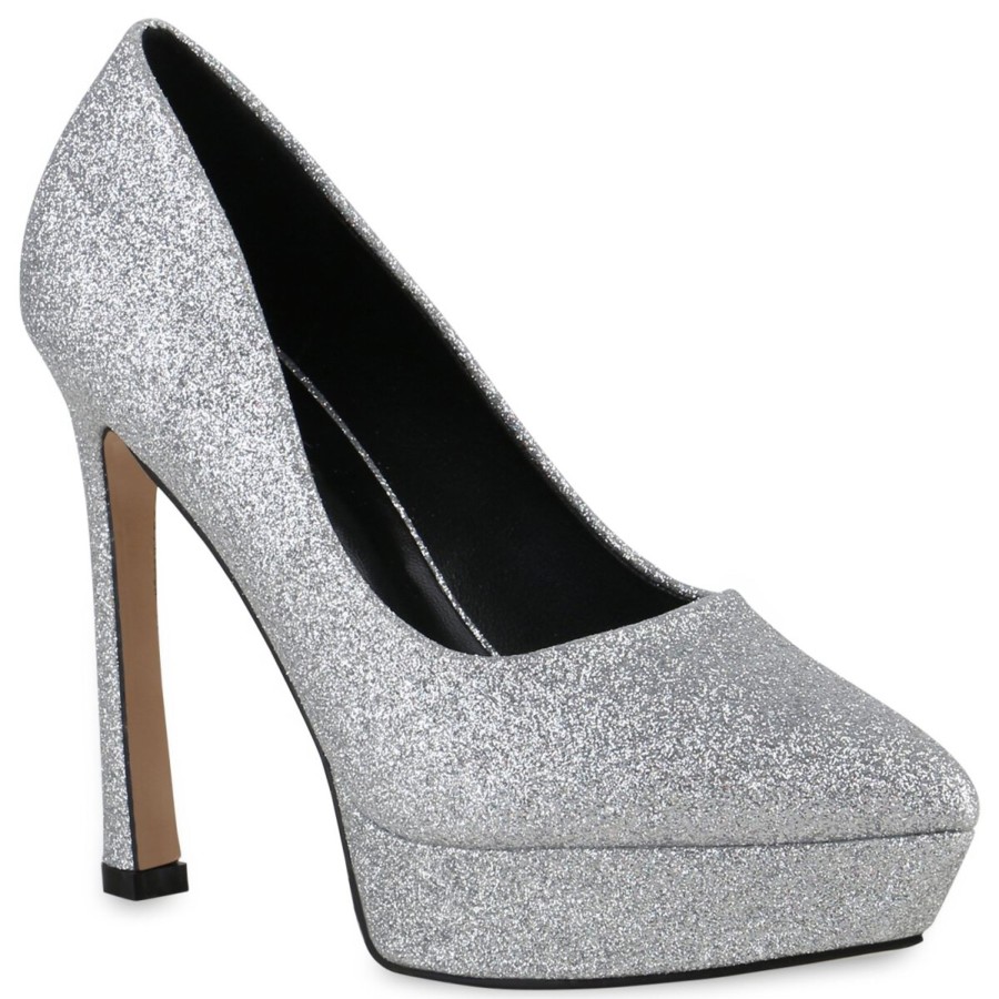 Damenschuhe Stiefelparadies | Damen Spitze Pumps In Silber