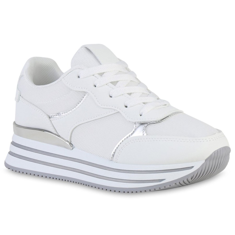 Damenschuhe Stiefelparadies | Damen Plateau Sneaker In Weiss Silber Metallic