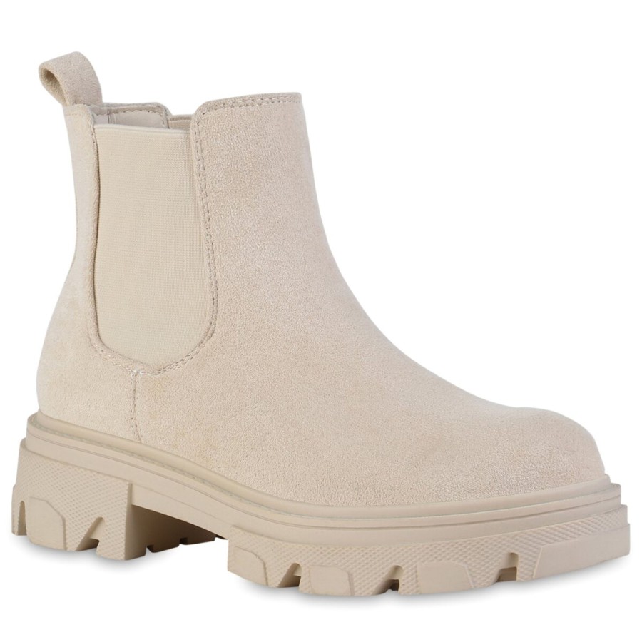 Damenschuhe Stiefelparadies | Damen Chelsea Boots In Creme Velours